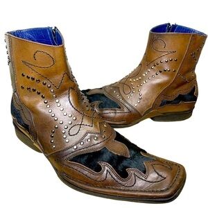 Mark Nason Italy Leather Brown Boots Sz 8 Pony Hair Stud Dragon Charm Square Toe